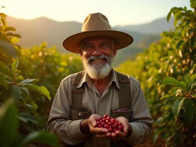 Un caficultor mexicano sonriendo en su plantación de café, mostrando granos maduros.