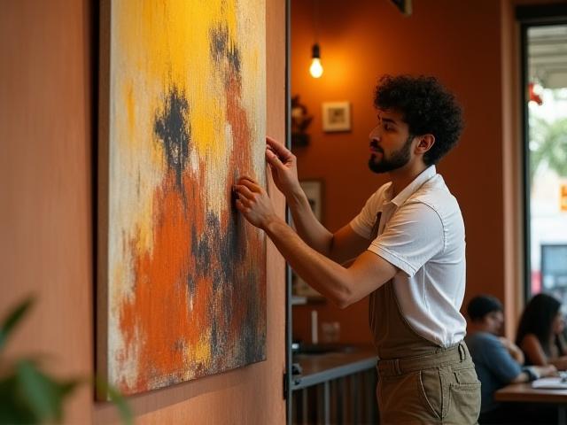 Un artista local colgando un cuadro vibrante en las paredes de Café Lumina, con el café de fondo.