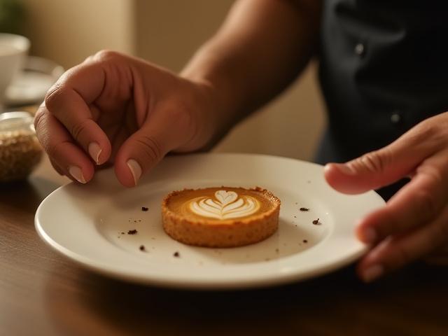 Chef o barista cuidadosamente preparando platillos artesanales para catering
