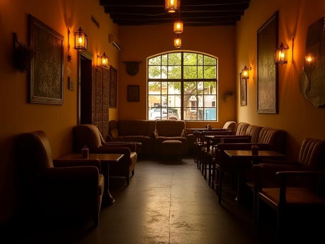 Interior general de Café Lumina mostrando su decoración cálida, estantes con libros y ambiente acogedor