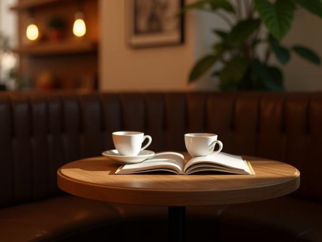 Mesa más íntima en Café Lumina para una reunión pequeña, con dos personas charlando amistosamente