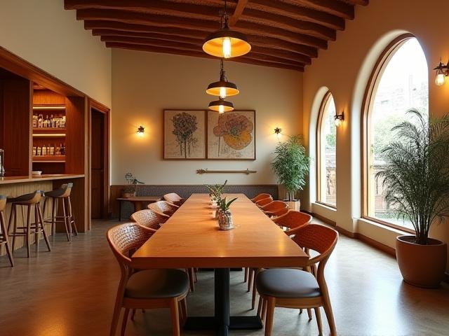 Área espaciosa de Café Lumina con mesas grandes listas para un grupo, iluminación cálida y detalles coloniales