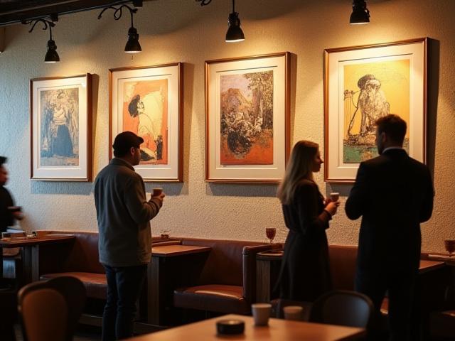 Obras de arte contemporáneo exhibidas en las paredes rústicas de Café Lumina.