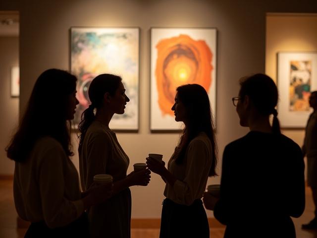 Grupo de personas admirando una pintura abstracta en la pared de Café Lumina durante una exposición.