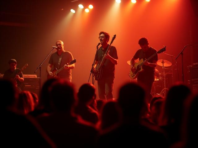 Banda tocando con energía frente a un público animado en Café Lumina.