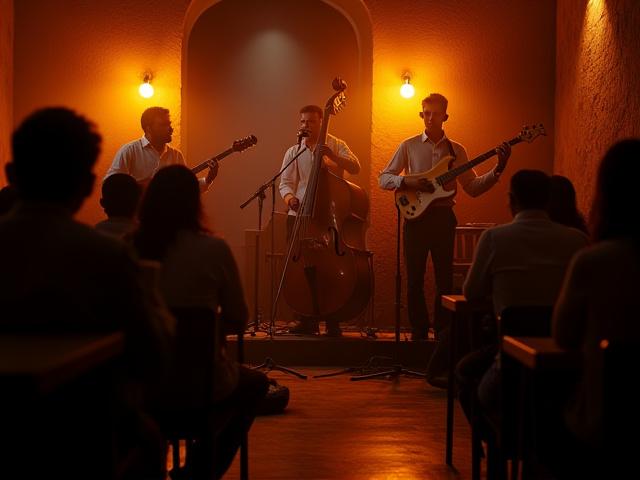 Banda de jazz tocando en vivo en un ambiente íntimo en Café Lumina.