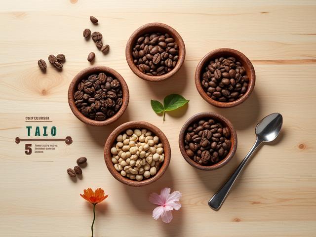 Granos de café de diferentes regiones de México en tazones pequeños, junto a una guía de cata