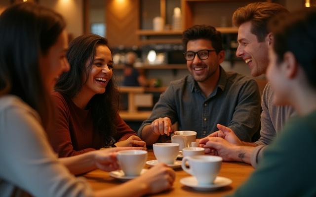 Grupo de amigos o compañeros de trabajo riendo y aprendiendo en una cata de café privada