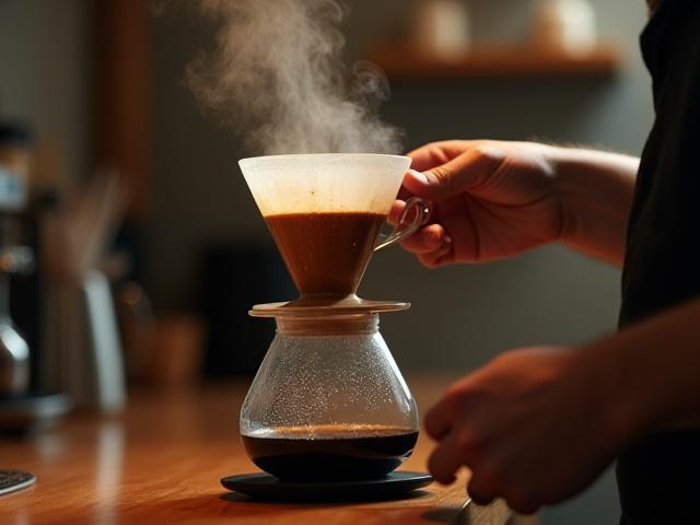 Manos de un barista demostrando cómo usar un V60 para preparar café, con humo y vapor aromático