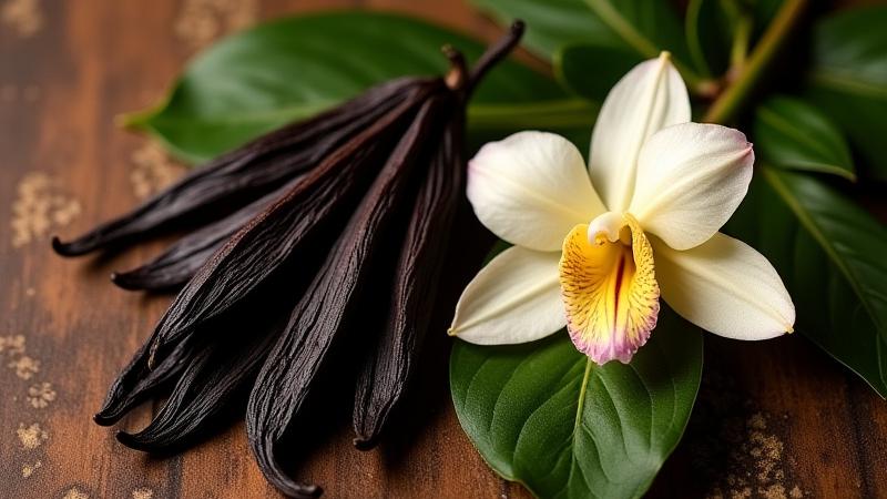 Vainas de vainilla de Papantla y una flor de orquídea de vainilla