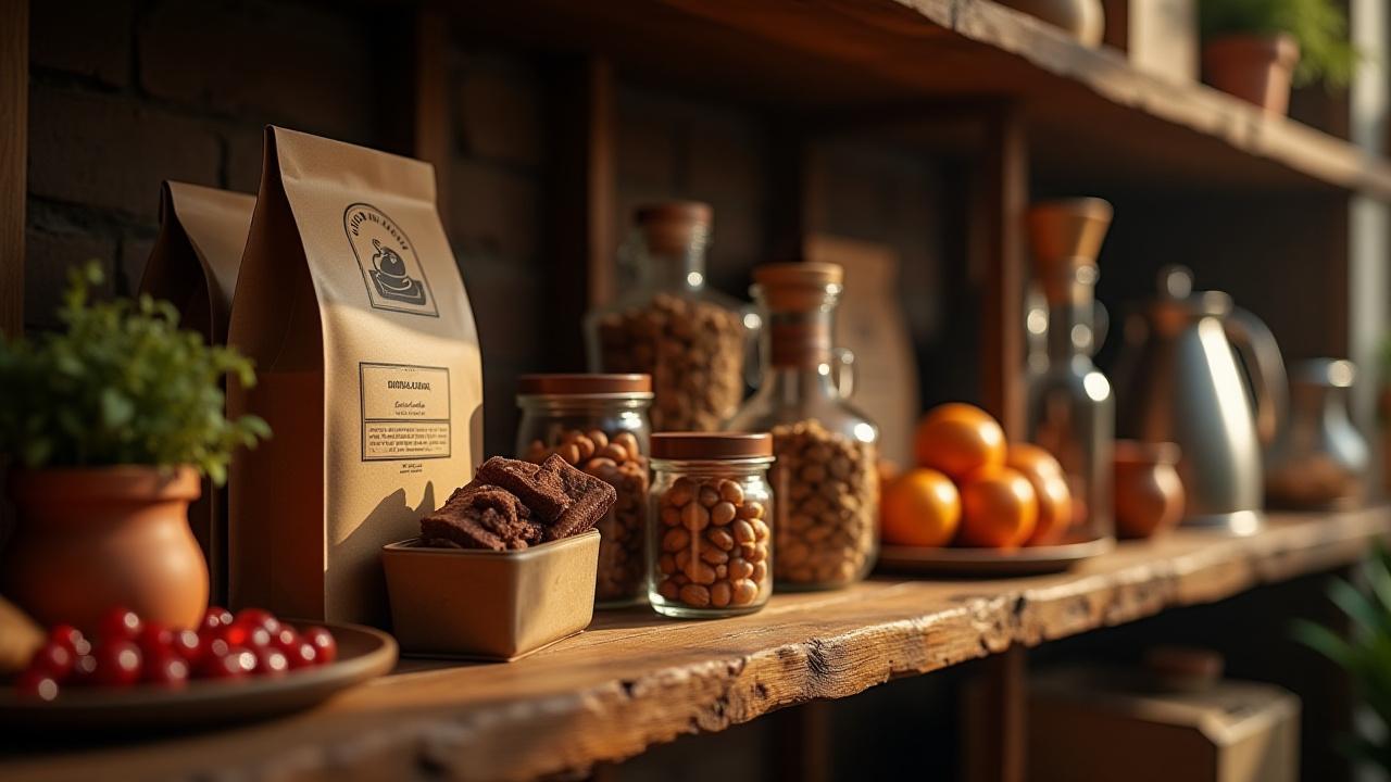 Estante de productos gourmet bien surtido con café, tés y mermeladas artesanales en Café Lumina.